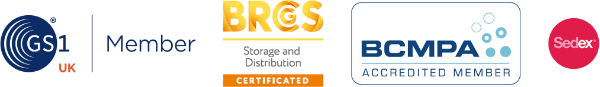 Our accreditations - GS1 UK Member, BRC Storage & Distribution Certificated, BCMPA Accredited Member, Sedex